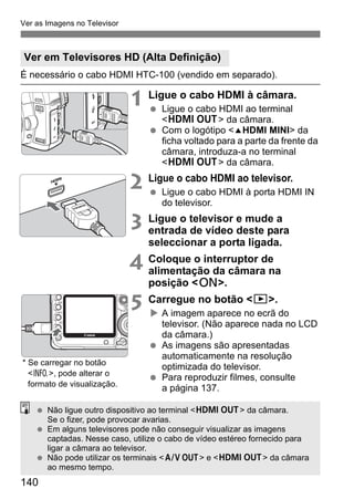 Ver as Imagens no Televisor 
Ver em Televisores HD (Alta Definição) 
É necessário o cabo HDMI HTC-100 (vendido em separado). 
140 
1 Ligue o cabo HDMI à câmara. 
  Ligue o cabo HDMI ao terminal 
D da câmara. 
  Com o logótipo dHDMI MINI da 
ficha voltado para a parte da frente da 
câmara, introduza-a no terminal 
D da câmara. 
2 Ligue o cabo HDMI ao televisor. 
  Ligue o cabo HDMI à porta HDMI IN 
do televisor. 
3 Ligue o televisor e mude a 
entrada de vídeo deste para 
seleccionar a porta ligada. 
4 Coloque o interruptor de 
alimentação da câmara na 
posição 1. 
5 Carregue no botão x. 
X A imagem aparece no ecrã do 
televisor. (Não aparece nada no LCD 
da câmara.) 
  As imagens são apresentadas 
automaticamente na resolução 
optimizada do televisor. 
  Para reproduzir filmes, consulte 
a página 137. 
* Se carregar no botão 
B, pode alterar o 
formato de visualização. 
  Não ligue outro dispositivo ao terminal D da câmara. 
Se o fizer, pode provocar avarias. 
  Em alguns televisores pode não conseguir visualizar as imagens 
captadas. Nesse caso, utilize o cabo de vídeo estéreo fornecido para 
ligar a câmara ao televisor. 
  Não pode utilizar os terminais q e D da câmara 
ao mesmo tempo. 
 