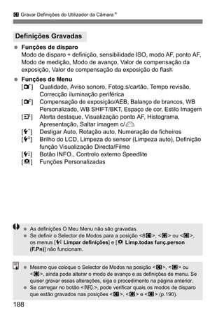 w Gravar Definições do Utilizador da CâmaraN 
Definições Gravadas 
  Funções de disparo 
Modo de disparo + definição, sensibilidade ISO, modo AF, ponto AF, 
Modo de medição, Modo de avanço, Valor de compensação da 
exposição, Valor de compensação da exposição do flash 
  Funções de Menu 
[1] Qualidade, Aviso sonoro, Fotog.s/cartão, Tempo revisão, 
188 
Correcção iluminação periférica 
[2] Compensação de exposição/AEB, Balanço de brancos, WB 
Personalizado, WB SHIFT/BKT, Espaço de cor, Estilo Imagem 
[4] Alerta destaque, Visualização ponto AF, Histograma, 
Apresentação, Saltar imagem c/6 
[5] Desligar Auto, Rotação auto, Numeração de ficheiros 
[6] Brilho do LCD, Limpeza do sensor (Limpeza auto), Definição 
função Visualização Directa/Filme 
[7] Botão INFO., Controlo externo Speedlite 
[8] Funções Personalizadas 
  As definições O Meu Menu não são gravadas. 
  Se definir o Selector de Modos para a posição 8w, x ou y, 
os menus [7 Limpar definições] e [8 Limp.todas funç.person 
(F.Pn)] não funcionam. 
  Mesmo que coloque o Selector de Modos na posição w, x ou 
y, ainda pode alterar o modo de avanço e as definições de menu. Se 
quiser gravar essas alterações, siga o procedimento na página anterior. 
  Se carregar no botão B, pode verificar quais os modos de disparo 
que estão gravados nas posições w, x e y (p.190). 
 