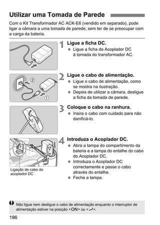 Utilizar uma Tomada de Parede 
Com o Kit Transformador AC ACK-E6 (vendido em separado), pode 
ligar a câmara a uma tomada de parede, sem ter de se preocupar com 
a carga da bateria. 
196 
1 Ligue a ficha DC. 
  Ligue a ficha do Acoplador DC 
à tomada do transformador AC. 
2 Ligue o cabo de alimentação. 
  Ligue o cabo de alimentação, como 
se mostra na ilustração. 
  Depois de utilizar a câmara, desligue 
a ficha da tomada de parede. 
3 Coloque o cabo na ranhura. 
  Insira o cabo com cuidado para não 
danificá-lo. 
4 Introduza o Acoplador DC. 
  Abra a tampa do compartimento da 
bateria e a tampa do entalhe do cabo 
do Acoplador DC. 
  Introduza o Acoplador DC 
correctamente e passe o cabo 
através do entalhe. 
  Feche a tampa. 
Ligação de cabo do 
acoplador DC 
Não ligue nem desligue o cabo de alimentação enquanto o interruptor de 
alimentação estiver na posição 1 ou J. 
 