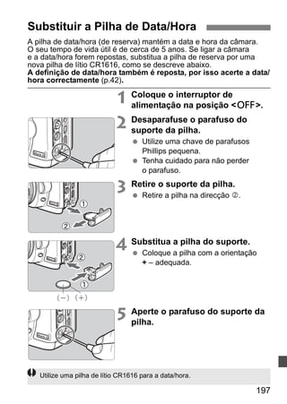 Substituir a Pilha de Data/Hora 
A pilha de data/hora (de reserva) mantém a data e hora da câmara. 
O seu tempo de vida útil é de cerca de 5 anos. Se ligar a câmara 
e a data/hora forem repostas, substitua a pilha de reserva por uma 
nova pilha de lítio CR1616, como se descreve abaixo. 
A definição de data/hora também é reposta, por isso acerte a data/ 
hora correctamente (p.42). 
197 
1 Coloque o interruptor de 
alimentação na posição 2. 
2 Desaparafuse o parafuso do 
suporte da pilha. 
  Utilize uma chave de parafusos 
Phillips pequena. 
  Tenha cuidado para não perder 
o parafuso. 
3 Retire o suporte da pilha. 
  Retire a pilha na direcção d. 
4 Substitua a pilha do suporte. 
  Coloque a pilha com a orientação 
+ – adequada. 
5 Aperte o parafuso do suporte da 
pilha. 
Utilize uma pilha de lítio CR1616 para a data/hora. 
 