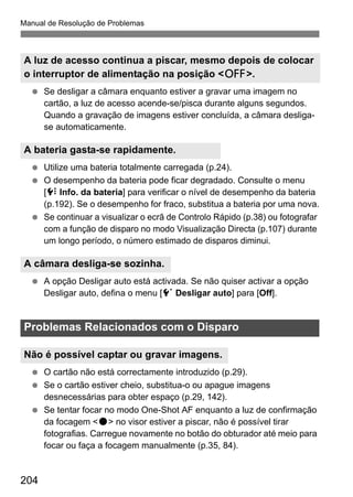 Manual de Resolução de Problemas 
A luz de acesso continua a piscar, mesmo depois de colocar 
o interruptor de alimentação na posição 2. 
  Se desligar a câmara enquanto estiver a gravar uma imagem no 
A bateria gasta-se rapidamente. 
A câmara desliga-se sozinha. 
Problemas Relacionados com o Disparo 
Não é possível captar ou gravar imagens. 
204 
cartão, a luz de acesso acende-se/pisca durante alguns segundos. 
Quando a gravação de imagens estiver concluída, a câmara desliga-se 
automaticamente. 
  Utilize uma bateria totalmente carregada (p.24). 
  O desempenho da bateria pode ficar degradado. Consulte o menu 
[7 Info. da bateria] para verificar o nível de desempenho da bateria 
(p.192). Se o desempenho for fraco, substitua a bateria por uma nova. 
  Se continuar a visualizar o ecrã de Controlo Rápido (p.38) ou fotografar 
com a função de disparo no modo Visualização Directa (p.107) durante 
um longo período, o número estimado de disparos diminui. 
  A opção Desligar auto está activada. Se não quiser activar a opção 
Desligar auto, defina o menu [5 Desligar auto] para [Off]. 
  O cartão não está correctamente introduzido (p.29). 
  Se o cartão estiver cheio, substitua-o ou apague imagens 
desnecessárias para obter espaço (p.29, 142). 
  Se tentar focar no modo One-Shot AF enquanto a luz de confirmação 
da focagem o no visor estiver a piscar, não é possível tirar 
fotografias. Carregue novamente no botão do obturador até meio para 
focar ou faça a focagem manualmente (p.35, 84). 
 