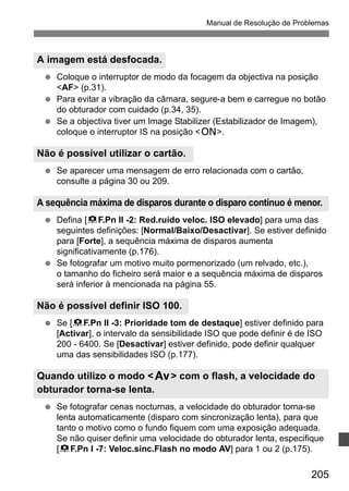 Manual de Resolução de Problemas 
A imagem está desfocada. 
  Coloque o interruptor de modo da focagem da objectiva na posição 
A sequência máxima de disparos durante o disparo contínuo é menor. 
Quando utilizo o modo f com o flash, a velocidade do 
obturador torna-se lenta. 
205 
AF (p.31). 
  Para evitar a vibração da câmara, segure-a bem e carregue no botão 
do obturador com cuidado (p.34, 35). 
  Se a objectiva tiver um Image Stabilizer (Estabilizador de Imagem), 
coloque o interruptor IS na posição 1. 
Não é possível utilizar o cartão. 
  Se aparecer uma mensagem de erro relacionada com o cartão, 
consulte a página 30 ou 209. 
  Defina [8F.Pn II -2: Red.ruído veloc. ISO elevado] para uma das 
seguintes definições: [Normal/Baixo/Desactivar]. Se estiver definido 
para [Forte], a sequência máxima de disparos aumenta 
significativamente (p.176). 
  Se fotografar um motivo muito pormenorizado (um relvado, etc.), 
o tamanho do ficheiro será maior e a sequência máxima de disparos 
será inferior à mencionada na página 55. 
Não é possível definir ISO 100. 
  Se [8F.Pn II -3: Prioridade tom de destaque] estiver definido para 
[Activar], o intervalo da sensibilidade ISO que pode definir é de ISO 
200 - 6400. Se [Desactivar] estiver definido, pode definir qualquer 
uma das sensibilidades ISO (p.177). 
  Se fotografar cenas nocturnas, a velocidade do obturador torna-se 
lenta automaticamente (disparo com sincronização lenta), para que 
tanto o motivo como o fundo fiquem com uma exposição adequada. 
Se não quiser definir uma velocidade do obturador lenta, especifique 
[8F.Pn I -7: Veloc.sinc.Flash no modo AV] para 1 ou 2 (p.175). 
 