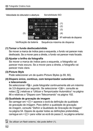 C Fotografar Criativo Auto 
Velocidade do obturador e abertura Sensibilidade ISO 
(3) 
(5) (4) 
Nº estimado de disparos 
Verificação da bateria Sequência máxima de disparos 
(1) Tornar o fundo desfocado/nítido 
52 
(1) 
(2) 
Se mover a marca de índice para a esquerda, o fundo vai parecer mais 
desfocado. Se a mover para a direita, o fundo vai parecer mais focado. 
(2) Ajustar o brilho da fotografia 
Se mover a marca de índice para a esquerda, a fotografia vai 
parecer mais escura. Se a mover para a direita, a fotografia vai 
parecer mais clara. 
(3) Picture Style 
Pode seleccionar um de quatro Picture Styles (p.59, 60). 
(4) Disparo único, contínuo, com temporizador automático 
e telecomando 
Se seleccionar <i>, pode fotografar continuamente até um máximo 
de 3,9 disparos por segundo. Se seleccionar <Q>, consulte as 
notas ( ) relativas a “Utilizar o Temporizador Automático” na página 
86 e relativas a “Disparo com Telecomando” na página 102. 
(5)Qualidade de gravação de imagem 
Se carregar em <0> aparece o ecrã da definição de qualidade 
de gravação de imagem. Para definir a qualidade de gravação 
de imagem, consulte “Definir a Qualidade de Gravação de Imagem” 
na página 54. Depois de ajustar todas as definições pretendidas, 
carregue em <0> para voltar ao ecrã do passo 2, na página anterior. 
Se utilizar um flash externo, não pode definir (1). 
 