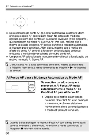 f: Seleccionar o Modo AFN 
  Se a selecção de ponto AF (p.81) for automática, a câmara utiliza 
Com AI Servo AF, o aviso sonoro não emite som, mesmo quando é feita 
a focagem. Além disso, a luz de confirmação da focagem o no visor não 
se acende. 
AI Focus AF para a Mudança Automática do Modo AF 
80 
primeiro o ponto AF central para focar. No círculo de medição 
pontual, existem seis pontos AF Auxiliares invisíveis („ no diagrama), 
que funcionam no modo AI SERVO AF. Por isso, mesmo que o 
motivo se afaste do ponto AF central durante a focagem automática, 
a focagem pode continuar. Além disso, mesmo que o motivo se 
afaste do ponto AF central, a focagem de localização continua 
enquanto o motivo estiver coberto por outro ponto AF. 
  Um ponto AF seleccionado manualmente vai focar a localização do 
motivo no modo AI Servo AF. 
Se o motivo parado começar a 
mover-se, o AI Focus AF muda 
automaticamente o modo AF de 
One-Shot AF para AI Servo AF. 
  Depois de o motivo estar focado 
no modo One-Shot AF, e se começar 
a mover-se, a câmara detecta o 
movimento e altera automaticamente 
o modo AF para AI Servo AF. 
Quando é feita a focagem no modo AI Focus AF com o modo Servo activo, 
ouve-se levemente o sinal sonoro. No entanto, a luz de confirmação da 
focagem o no visor não se acende. 
 
