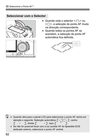 S Seleccionar o Ponto AFN 
Seleccionar com o Selector 
82 
  Quando roda o selector 6 ou 
5, a selecção de ponto AF muda 
na direcção correspondente. 
  Quando todos os pontos AF se 
acendem, a selecção de ponto AF 
automática fica definida. 
  Quando olha para o painel LCD para seleccionar o ponto AF, tenha em 
atenção o seguinte: Selecção automática , centro 
, direita , topo 
  Se não for possível focar com a luz auxiliar AF do Speedlite EOS 
dedicado externo, seleccione o ponto AF central. 
 