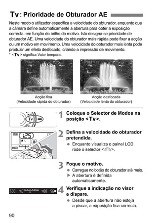 s: Prioridade de Obturador AE 
Neste modo o utilizador especifica a velocidade do obturador, enquanto que 
a câmara define automaticamente a abertura para obter a exposição 
correcta, em função do brilho do motivo. Isto designa-se prioridade de 
obturador AE. Uma velocidade do obturador mais rápida pode fixar a acção 
ou um motivo em movimento. Uma velocidade do obturador mais lenta pode 
produzir um efeito desfocado, criando a impressão de movimento. 
* s significa Valor temporal. 
90 
1 Coloque o Selector de Modos na 
posição s. 
2 Defina a velocidade do obturador 
pretendida. 
  Enquanto visualiza o painel LCD, 
rode o selector 6. 
3 Foque o motivo. 
  Carregue no botão do obturador até meio. 
X A abertura é definida 
automaticamente. 
4 Verifique a indicação no visor 
e dispare. 
  Desde que a abertura não esteja 
a piscar, a exposição fica correcta. 
Acção fixa 
(Velocidade rápida do obturador) 
Acção desfocada 
(Velocidade lenta do obturador) 
 