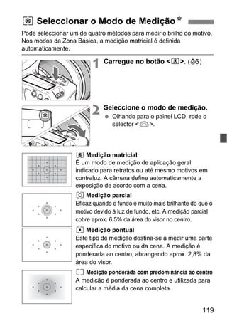119
Pode seleccionar um de quatro métodos para medir o brilho do motivo.
Nos modos da Zona Básica, a medição matricial é definida
automaticamente.
1 Carregue no botão <n>. (9)
2 Seleccione o modo de medição.
Olhando para o painel LCD, rode o
selector <6>.
q Medição matricial
É um modo de medição de aplicação geral,
indicado para retratos ou até mesmo motivos em
contraluz. A câmara define automaticamente a
exposição de acordo com a cena.
w Medição parcial
Eficaz quando o fundo é muito mais brilhante do que o
motivo devido à luz de fundo, etc. A medição parcial
cobre aprox. 6,5% da área do visor no centro.
r Medição pontual
Este tipo de medição destina-se a medir uma parte
específica do motivo ou da cena. A medição é
ponderada ao centro, abrangendo aprox. 2,8% da
área do visor.
e Medição ponderada com predominância ao centro
A medição é ponderada ao centro e utilizada para
calcular a média da cena completa.
q Seleccionar o Modo de MediçãoN
 