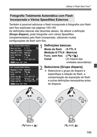 145
Utilizar o Flash Sem FiosN
Também é possível adicionar o flash incorporado à fotografia com flash
sem fios explicada nas páginas 143-144.
As definições básicas são descritas abaixo. Se alterar a definição
[Grupo disparo], pode fotografar com vários Speedlites
complementados pelo flash incorporado, utilizando muitas
configurações de flash sem fios.
1 Definições básicas:
Modo de flash : E-TTL II
Medição E-TTLII : Matricial
Func. sem fios : [0+3]
Canal : (O mesmo das
unidades secundárias)
2 Seleccione [Grupo disparo].
Seleccione o grupo de disparo e
especifique a relação do flash, a
compensação da exposição do flash
e outras definições necessárias antes
de disparar.
Fotografia Totalmente Automática com Flash
Incorporado e Vários Speedlites Externos
A B
[1Todos e 2] [1 (A:B) 2]
 