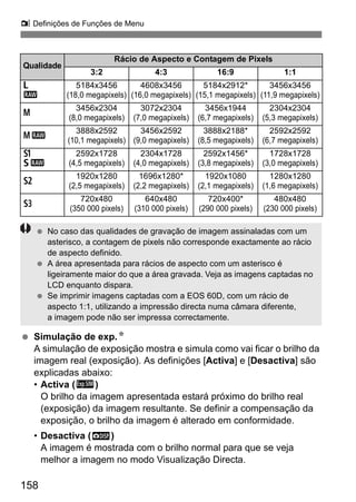 158
z Definições de Funções de Menu
Simulação de exp.N
A simulação de exposição mostra e simula como vai ficar o brilho da
imagem real (exposição). As definições [Activa] e [Desactiva] são
explicadas abaixo:
• Activa (g)
O brilho da imagem apresentada estará próximo do brilho real
(exposição) da imagem resultante. Se definir a compensação da
exposição, o brilho da imagem é alterado em conformidade.
• Desactiva (E)
A imagem é mostrada com o brilho normal para que se veja
melhor a imagem no modo Visualização Directa.
Qualidade
Rácio de Aspecto e Contagem de Pixels
3:2 4:3 16:9 1:1
3
1
5184x3456
(18,0 megapixels)
4608x3456
(16,0 megapixels)
5184x2912*
(15,1 megapixels)
3456x3456
(11,9 megapixels)
4
3456x2304
(8,0 megapixels)
3072x2304
(7,0 megapixels)
3456x1944
(6,7 megapixels)
2304x2304
(5,3 megapixels)
41
3888x2592
(10,1 megapixels)
3456x2592
(9,0 megapixels)
3888x2188*
(8,5 megapixels)
2592x2592
(6,7 megapixels)
a
61
2592x1728
(4,5 megapixels)
2304x1728
(4,0 megapixels)
2592x1456*
(3,8 megapixels)
1728x1728
(3,0 megapixels)
b
1920x1280
(2,5 megapixels)
1696x1280*
(2,2 megapixels)
1920x1080
(2,1 megapixels)
1280x1280
(1,6 megapixels)
c
720x480
(350 000 pixels)
640x480
(310 000 pixels)
720x400*
(290 000 pixels)
480x480
(230 000 pixels)
No caso das qualidades de gravação de imagem assinaladas com um
asterisco, a contagem de pixels não corresponde exactamente ao rácio
de aspecto definido.
A área apresentada para rácios de aspecto com um asterisco é
ligeiramente maior do que a área gravada. Veja as imagens captadas no
LCD enquanto dispara.
Se imprimir imagens captadas com a EOS 60D, com um rácio de
aspecto 1:1, utilizando a impressão directa numa câmara diferente,
a imagem pode não ser impressa correctamente.
 
