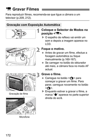 172
Para reproduzir filmes, recomenda-se que ligue a câmara a um
televisor (p.209, 212).
1 Coloque o Selector de Modos na
posição <k>.
O espelho de reflexo vai emitir um
som e depois a imagem aparece no
LCD.
2 Foque o motivo.
Antes de gravar um filme, efectue a
focagem automática ou foque
manualmente (p.160-167).
Se carregar no botão do obturador
até meio, a câmara foca no modo AF
actual.
3 Grave o filme.
Carregue no botão <A> para
começar a gravar um filme. Para
parar, carregue novamente no botão
<A>.
Enquanto estiver a gravar o filme, a
marca “o” aparece no parte superior
direita do ecrã.
k Gravar Filmes
Gravação com Exposição Automática
Gravação de filme
Microfone
 