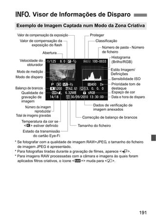 191
* Se fotografar com a qualidade de imagem RAW+JPEG, o tamanho do ficheiro
de imagem JPEG é apresentado.
* Para fotografias tiradas durante a gravação de filmes, aparece <G>.
* Para imagens RAW processadas com a câmara e imagens às quais foram
aplicados filtros criativos, o ícone <1+> muda para < >.
B Visor de Informações de Disparo
Exemplo de Imagem Captada num Modo da Zona Criativa
Valor de compensação da
exposição do flash
Modo de medição
Modo de disparo
Prioridade tom de
destaque
Temperatura da cor se
<P> estiver definido
Data e hora de disparo
Dados de verificação de
imagem anexados
Correcção de balanço de brancos
Histograma
(Brilho/RGB)
Espaço de cor
Balanço de brancos
Estilo Imagem/
Definições
Tamanho do ficheiro
Qualidade de
gravação de
imagem
Número da imagem
reproduzida/
Total de imagens gravadas
Número de pasta - Número
de ficheiro
Classificação
Abertura
Velocidade do
obturador
ProtegerValor de compensação da exposição
Sensibilidade ISO
Estado da transmissão
do cartão Eye-Fi
 