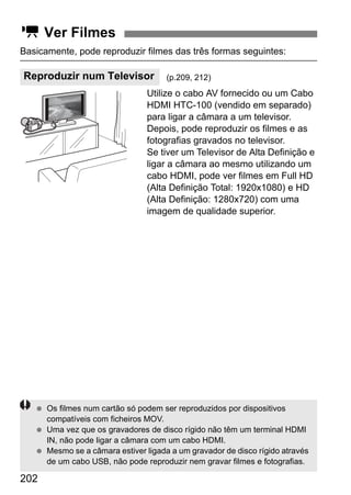202
Basicamente, pode reproduzir filmes das três formas seguintes:
Utilize o cabo AV fornecido ou um Cabo
HDMI HTC-100 (vendido em separado)
para ligar a câmara a um televisor.
Depois, pode reproduzir os filmes e as
fotografias gravados no televisor.
Se tiver um Televisor de Alta Definição e
ligar a câmara ao mesmo utilizando um
cabo HDMI, pode ver filmes em Full HD
(Alta Definição Total: 1920x1080) e HD
(Alta Definição: 1280x720) com uma
imagem de qualidade superior.
k Ver Filmes
Reproduzir num Televisor (p.209, 212)
Os filmes num cartão só podem ser reproduzidos por dispositivos
compatíveis com ficheiros MOV.
Uma vez que os gravadores de disco rígido não têm um terminal HDMI
IN, não pode ligar a câmara com um cabo HDMI.
Mesmo se a câmara estiver ligada a um gravador de disco rígido através
de um cabo USB, não pode reproduzir nem gravar filmes e fotografias.
 