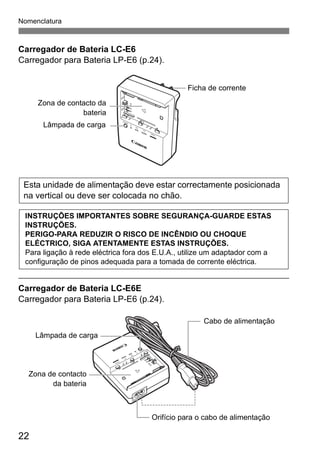 22
Nomenclatura
Carregador de Bateria LC-E6
Carregador para Bateria LP-E6 (p.24).
Carregador de Bateria LC-E6E
Carregador para Bateria LP-E6 (p.24).
Zona de contacto da
bateria
Lâmpada de carga
Ficha de corrente
Esta unidade de alimentação deve estar correctamente posicionada
na vertical ou deve ser colocada no chão.
INSTRUÇÕES IMPORTANTES SOBRE SEGURANÇA-GUARDE ESTAS
INSTRUÇÕES.
PERIGO-PARA REDUZIR O RISCO DE INCÊNDIO OU CHOQUE
ELÉCTRICO, SIGA ATENTAMENTE ESTAS INSTRUÇÕES.
Para ligação à rede eléctrica fora dos E.U.A., utilize um adaptador com a
configuração de pinos adequada para a tomada de corrente eléctrica.
Cabo de alimentação
Orifício para o cabo de alimentação
Zona de contacto
da bateria
Lâmpada de carga
 