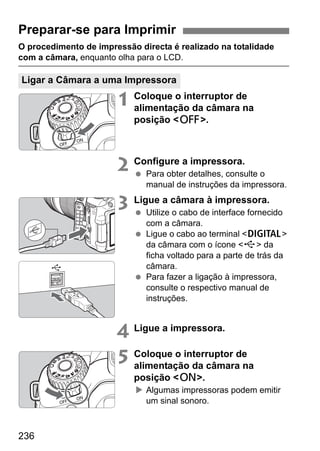 236
O procedimento de impressão directa é realizado na totalidade
com a câmara, enquanto olha para o LCD.
1 Coloque o interruptor de
alimentação da câmara na
posição <2>.
2 Configure a impressora.
Para obter detalhes, consulte o
manual de instruções da impressora.
3 Ligue a câmara à impressora.
Utilize o cabo de interface fornecido
com a câmara.
Ligue o cabo ao terminal <C>
da câmara com o ícone <D> da
ficha voltado para a parte de trás da
câmara.
Para fazer a ligação à impressora,
consulte o respectivo manual de
instruções.
4 Ligue a impressora.
5 Coloque o interruptor de
alimentação da câmara na
posição <1>.
Algumas impressoras podem emitir
um sinal sonoro.
Preparar-se para Imprimir
Ligar a Câmara a uma Impressora
 