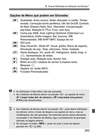 263
w: Gravar Definições do Utilizador da CâmaraN
[1] Qualidade, Aviso sonoro, Soltar obturador s/ cartão, Tempo
revisão, Correcção ilumin periférica, Olh.Ver.On/Off, Controlo
do flash (Disparo flash, Sinc. Obturador, Compensação
exp.flash, Medição E-TTLII, Func. sem fios)
[2] Comp.exp./AEB, Auto Lighting Optimizer (Optimizar Luz
Automática), Estilo Imagem, Bal. brancos, WB
Personalizado, WB SHIFT/BKT, Espaço de cor
[y] ISO auto
[z] Disp.Visual.Dir., Modo AF, Visual. grelha, Rácio de aspecto,
Simulação de exp., Disp. silencioso, Temp. medição
[4] Alerta destaque, Vis. ponto AF, Histograma, Saltar imag. c/
6, Apresentação de slides
[5] Desligar auto, Rotação auto, Numer. fich.
[6] Brilho do LCD, Limpeza do sensor (Limpeza auto),
Bloquear 5
[7] Opções vis. botão INFO.
[8] Funções Personalizadas
Opções de Menu que podem ser Gravadas
As definições O Meu Menu não são gravadas.
Se o Selector de Modos estiver na posição <w>, as opções de menu
[7 Limpar todas def. da câmara] e [8 Limp.todas funç.person
(F.Pn).] são desactivadas.
Se o Selector de Modos estiver na posição <w>, pode alterar definições
da câmara, como o modo de disparo e as opções de menu, mas as
modificações não são gravadas. Se pretender gravar essas alterações
na posição C do Selector de Modos, siga o procedimento de gravação
indicado na página anterior.
Se carregar no botão <B>, pode ver qual o modo de disparo
gravado em <w> (p.266).
 