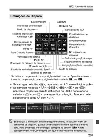 267
B Funções de Botões
* Se definir a compensação da exposição do flash com um Speedlite externo, o
ícone da compensação da exposição do flash muda de y para C.
Se carregar no botão <Q>, aparece o ecrã Controlo Rápido (p.44).
Se carregar no botão <f>, <R>, <i>, <n> ou <S>,
aparece o respectivo ecrã de definições no LCD e pode rodar o
selector <6> ou <5> para especificar a função. Também pode
seleccionar o ponto AF com <9>.
Definições de Disparo
Verificação da bateria
Velocidade do obturador
Auto Lighting Optimizer (Optimizar Luz Automática)
Nível electrónico
Compensação da
exposição do flash*
Balanço de brancos
Modo de disparo
Ponto AF
Sensibilidade ISO
Modo de disparo
N.º estimado de
disparos
Modo de medição
Sequência máxima de disparos
Modo AF
Estilo Imagem
Nível de exposição/
Amplitude AEB
Abertura
Prioridade tom de
destaque
Ícone Controlo Rápido
Personalização
Controlos
Qualidade de gravação de imagem
Bloqueio AE
Correcção de balanço de brancos
Estado da transmissão do cartão Eye-Fi
Se desligar o interruptor de alimentação enquanto visualiza o “Visor de
definições de disparo”, quando voltar a ligar a câmara aparece o mesmo
ecrã. Para evitar que isto aconteça, carregue no botão <B> para
desligar o visor no LCD e depois desligue o interruptor de alimentação.
 