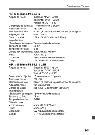 301
Características Técnicas
• EF-S 18-55 mm f/3.5-5.6 IS
Ângulo de visão: Diagonal: 74°20’ - 27°50’
Horizontal: 64°30’ - 23°20’
Vertical: 45°30’ - 15°40’
Construção da objectiva: 11 elementos em 9 grupos
Abertura mínima: f/22 - 36
Menor distância focal: 0,25 m (A partir da placa do sensor de imagem)
Ampliação máx.: 0,34 x 55 mm
Campo de visão: 207 x 134 - 67 x 45 mm (0,25 m)
Image Stabilizer
(Estabilizador de Imagem): Tipo de desvio da objectiva
Tamanho do filtro: 58 mm
Tampa da objectiva: E-58
Diâmetro máx. x comprimento: Aprox. 68,5 x 70,0 mm
Peso: Aprox. 200 g
Cobertura: EW-60C (vendida em separado)
Estojo: LP814 (vendido em separado)
• EF-S 15-85 mm f/3.5-5.6 IS USM
Ângulo de visão: Diagonal: 84°30’ - 18°25’
Horizontal: 74°10’ - 15°25’
Vertical: 53°30’ - 10°25’
Construção da objectiva: 17 elementos em 12 grupos
Abertura mínima: f/22 - 36
Menor distância focal: 0,35 m (A partir da placa do sensor de imagem)
Ampliação máx.: 0,21x (a 85 mm)
Campo de visão: 255 x 395 - 72 x 108 mm (a 0,35 m)
Image Stabilizer
(Estabilizador de Imagem): Tipo de desvio da objectiva
Tamanho do filtro: 72 mm
Tampa da objectiva: E-72U
Diâmetro máx.
x comprimento: Aprox. 81,6 x 87,5 mm
Peso: Aprox. 575 g
Cobertura: EW-78E (vendida em separado)
Estojo: LP1116 (vendido em separado)
 
