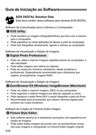 310310
EOS DIGITAL Solution Disk
Este disco contém vários softwares para câmaras EOS DIGITAL.
Software de Comunicação para a Câmara e o Computador
Pode transferir as imagens (fotografias/filmes) que tirou com a câmara
para o computador.
Pode especificar as várias definições da câmara a partir do computador.
Pode tirar fotografias remotamente, ligando a câmara ao computador.
Software de Visualização e Edição de Imagens
Pode ver, editar e imprimir imagens captadas através do computador, a
alta velocidade.
Pode editar imagens sem alterar os originais.
Pode ser usado por inúmeros utilizadores, desde amadores a
profissionais. Especialmente recomendado para utilizadores que
captam, principalmente, imagens RAW.
Software de Visualização e Edição de Imagens
Pode ver, editar e imprimir imagens JPEG no seu computador.
Pode organizar e ordenar imagens por data de captação ou tema.
Pode reproduzir e editar filmes MOV e extrair fotografias a partir de filmes.
Recomendado para principiantes que utilizem câmaras digitais pela
primeira vez e para amadores.
Software de Criação de Ficheiros Estilo Imagem
Este software destina-se a utilizadores avançados com experiência em
edição de imagens.
Pode editar Estilos Imagem de acordo com as características únicas
das suas imagens e criar/guardar um ficheiro Estilo Imagem original.
EOS Utility
Digital Photo Professional
ZoomBrowser EX (Windows) / ImageBrowser (Macintosh)
Picture Style Editor
Guia de Iniciação ao Software
 
