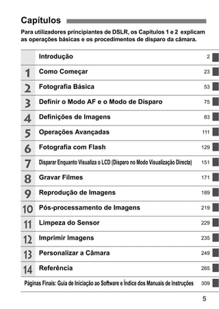 5
Para utilizadores principiantes de DSLR, os Capítulos 1 e 2 explicam
as operações básicas e os procedimentos de disparo da câmara.
Capítulos
Introdução 2
Como Começar 23
Fotografia Básica 53
Definir o Modo AF e o Modo de Disparo 75
Definições de Imagens 83
Operações Avançadas 111
Fotografia com Flash 129
Disparar Enquanto Visualiza o LCD (Disparo no Modo Visualização Directa) 151
Gravar Filmes 171
Reprodução de Imagens 189
Pós-processamento de Imagens 219
Limpeza do Sensor 229
Imprimir Imagens 235
Personalizar a Câmara 249
Referência 265
Páginas Finais: Guia de Iniciação ao Software e Índice dos Manuais de Instruções 309
1
2
3
4
5
6
7
8
9
10
11
12
13
14
 