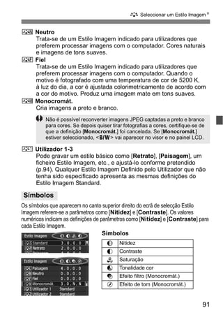 91
A Seleccionar um Estilo ImagemN
S Neutro
Trata-se de um Estilo Imagem indicado para utilizadores que
preferem processar imagens com o computador. Cores naturais
e imagens de tons suaves.
U Fiel
Trata-se de um Estilo Imagem indicado para utilizadores que
preferem processar imagens com o computador. Quando o
motivo é fotografado com uma temperatura de cor de 5200 K,
à luz do dia, a cor é ajustada colorimetricamente de acordo com
a cor do motivo. Produz uma imagem mate em tons suaves.
V Monocromát.
Cria imagens a preto e branco.
W Utilizador 1-3
Pode gravar um estilo básico como [Retrato], [Paisagem], um
ficheiro Estilo Imagem, etc., e ajustá-lo conforme pretendido
(p.94). Qualquer Estilo Imagem Definido pelo Utilizador que não
tenha sido especificado apresenta as mesmas definições do
Estilo Imagem Standard.
Os símbolos que aparecem no canto superior direito do ecrã de selecção Estilo
Imagem referem-se a parâmetros como [Nitidez] e [Contraste]. Os valores
numéricos indicam as definições de parâmetros como [Nitidez] e [Contraste] para
cada Estilo Imagem.
Símbolos
Símbolos
Não é possível reconverter imagens JPEG captadas a preto e branco
para cores. Se depois quiser tirar fotografias a cores, certifique-se de
que a definição [Monocromát.] foi cancelada. Se [Monocromát.]
estiver seleccionado, <0> vai aparecer no visor e no painel LCD.
g Nitidez
h Contraste
i Saturação
j Tonalidade cor
k Efeito filtro (Monocromát.)
l Efeito de tom (Monocromát.)
 