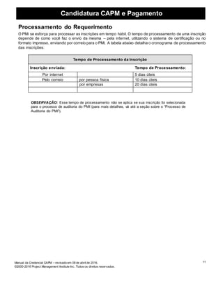 Candidatura CAPM e Pagamento
11Manual da Credencial CAPM – revisado em 08 de abril de 2016.
©2000-2016 Project Management Institute Inc. Todos os direitos reservados.
Processamento do Requerimento
O PMI se esforça para processar as inscrições em tempo hábil. O tempo de processamento de uma inscrição
depende de como você faz o envio da mesma – pela internet, utilizando o sistema de certificação ou no
formato impresso, enviando por correio para o PMI. A tabela abaixo detalha o cronograma de processamento
das inscrições:
Tempo de Processamento da Inscrição
Inscrição enviada: Tempo de Processamento:
Por internet 5 dias úteis
Pelo correio por pessoa física 10 dias úteis
por empresas 20 dias úteis
OBSERVAÇÃO: Esse tempo de processamento não se aplica se sua inscrição foi selecionada
para o processo de auditoria do PMI (para mais detalhes, vá até a seção sobre o “Processo de
Auditoria do PMI”).
 