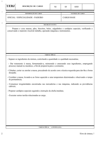 UERJ DESCRIÇÃO DE CARGO NI 05 8505
DENOMINAÇÃO DO CARGO NATUREZA DO CARGO
OFICIAL / ESPECIALIDADE - PADEIRO CARGO BASE
DESCRIÇÃO SUCINTA
Prepara e coze massas, pães, biscoitos, bolos, salgadinhos e cardápios especiais, verificando e
conservando o material e local de trabalho, operando máquinas e instrumentos.
TAREFAS TÍPICAS
- Separar os ingredientes da mistura, controlando a quantidade e a qualidade necessárias;
- Dar tratamento à massa, fermentando-a, misturando e amassando seus ingredientes, empregando
processo manual ou mecânico, a fim de prepará-la para o cozimento;
- Cilindrar, cortar ou enrolar a massa, procedendo de acordo com a técnica requerida para dar-lhe a forma
desejada;
- Cozinhar a massa, levando-a ao forno aquecido a uma temperatura determinada e observando o tempo
de permanência;
- Comunicar irregularidades encontradas nas mercadorias e nas máquinas, indicando as providências
cabíveis;
- Preparar cardápios especiais seguindo a instrução da chefia imediata;
- Executar outras tarefas relacionadas ao cargo.
TAREFAS TÍPICAS ( CONTINUAÇÃO )
!Erro de sintaxe, !
1
1
2
2
 