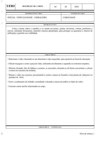 UERJ DESCRIÇÃO DE CARGO NI 05 8505
DENOMINAÇÃO DO CARGO NATUREZA DO CARGO
OFICIAL / ESPECIALIDADE - VIDRACEIRO CARGO BASE
DESCRIÇÃO SUCINTA
Corta e monta vidros e espelhos e os instala em portas, janelas, divisórias, vitrinas, prateleiras e
móveis, utilizando ferramentas, material e técnica apropriados, para proteger ou guarnecer o interior de
edificações e permitir sua visibilidade.
TAREFAS TÍPICAS
- Selecionar o vidro, baseando-se nas dimensões e tipo requeridos, para ajustá-lo ao local de colocação;
- Efetuar traçagem e cortar a peça de vidro, utilizando um diamante e seguindo os contornos traçados;
- Misturar alvaiade, óleo de linhaça e corantes, se necessário, dosando-os de forma conveniente e colocar
a massa nos encaixes da moldura;
- Montar o vidro nos encaixes, pressionando-o contra a massa ou fixando-o com pontas de vidraceiro ou
grampos de mola;
- Fazer o acabamento do trabalho, estendendo e alisando a massa em ambos os lados do vidro;
- Executar outras tarefas relacionadas ao cargo.
TAREFAS TÍPICAS ( CONTINUAÇÃO )
!Erro de sintaxe, !
1
1
2
2
 