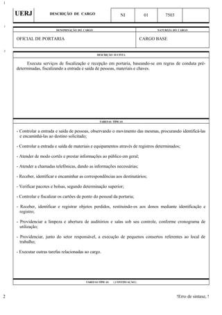 UERJ DESCRIÇÃO DE CARGO NI 01 7503
DENOMINAÇÃO DO CARGO NATUREZA DO CARGO
OFICIAL DE PORTARIA CARGO BASE
DESCRIÇÃO SUCINTA
Executa serviços de fiscalização e recepção em portaria, baseando-se em regras de conduta pré-
determinadas, fiscalizando a entrada e saída de pessoas, materiais e chaves.
TAREFAS TÍPICAS
- Controlar a entrada e saída de pessoas, observando o movimento das mesmas, procurando identificá-las
e encaminhá-las ao destino solicitado;
- Controlar a entrada e saída de materiais e equipamentos através de registros determinados;
- Atender de modo cortês e prestar informações ao público em geral;
- Atender a chamadas telefônicas, dando as informações necessárias;
- Receber, identificar e encaminhar as correspondências aos destinatários;
- Verificar pacotes e bolsas, segundo determinação superior;
- Controlar e fiscalizar os cartões de ponto do pessoal da portaria;
- Receber, identificar e registrar objetos perdidos, restituindo-os aos donos mediante identificação e
registro;
- Providenciar a limpeza e abertura de auditórios e salas sob seu controle, conforme cronograma de
utilização;
- Providenciar, junto do setor responsável, a execução de pequenos consertos referentes ao local de
trabalho;
- Executar outras tarefas relacionadas ao cargo.
TAREFAS TÍPICAS ( CONTINUAÇÃO )
!Erro de sintaxe, !
1
1
2
2
 