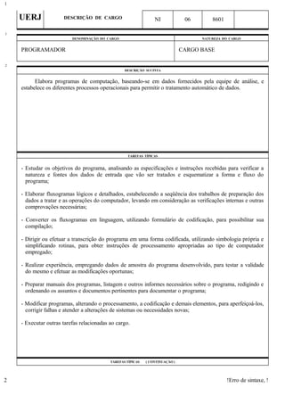 UERJ DESCRIÇÃO DE CARGO NI 06 8601
DENOMINAÇÃO DO CARGO NATUREZA DO CARGO
PROGRAMADOR CARGO BASE
DESCRIÇÃO SUCINTA
Elabora programas de computação, baseando-se em dados fornecidos pela equipe de análise, e
estabelece os diferentes processos operacionais para permitir o tratamento automático de dados.
TAREFAS TÍPICAS
- Estudar os objetivos do programa, analisando as especificações e instruções recebidas para verificar a
natureza e fontes dos dados de entrada que vão ser tratados e esquematizar a forma e fluxo do
programa;
- Elaborar fluxogramas lógicos e detalhados, estabelecendo a seqüência dos trabalhos de preparação dos
dados a tratar e as operações do computador, levando em consideração as verificações internas e outras
comprovações necessárias;
- Converter os fluxogramas em linguagem, utilizando formulário de codificação, para possibilitar sua
compilação;
- Dirigir ou efetuar a transcrição do programa em uma forma codificada, utilizando simbologia própria e
simplificando rotinas, para obter instruções de processamento apropriadas ao tipo de computador
empregado;
- Realizar experiência, empregando dados de amostra do programa desenvolvido, para testar a validade
do mesmo e efetuar as modificações oportunas;
- Preparar manuais dos programas, listagem e outros informes necessários sobre o programa, redigindo e
ordenando os assuntos e documentos pertinentes para documentar o programa;
- Modificar programas, alterando o processamento, a codificação e demais elementos, para aperfeiçoá-los,
corrigir falhas e atender a alterações de sistemas ou necessidades novas;
- Executar outras tarefas relacionadas ao cargo.
TAREFAS TÍPICAS ( CONTINUAÇÃO )
!Erro de sintaxe, !
1
1
2
2
 
