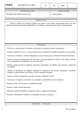 UERJ DESCRIÇÃO DE CARGO NI 06 7604
DENOMINAÇÃO DO CARGO NATUREZA DO CARGO
TÉCNICO EM ARTES GRÁFICAS CARGO BASE
DESCRIÇÃO SUCINTA
Utiliza as técnicas de produção gráficas, em todas as suas etapas, determinadas pelo setor para
imprimir material institucional, administrativo e acadêmico e supervisiona servidores em treinamento.
TAREFAS TÍPICAS
- Verificar as características do trabalho, observando as indicações técnicas de produção;
- Escolher, quando for o caso, os meios técnicos para a realização de trabalhos específicos na área gráfica;
- Selecionar os métodos e materiais adequados ao uso da técnica para as diferentes formas de impressão;
- Utilizar as técnicas determinadas pelo setor para a produção gráfica em todas as suas etapas, inclusive
com a preparação do equipamento, até a sua fase final;
- Montar a chapa gravada na máquina, ajustando-a, prendendo-a no cilindro, para adequar a impressora
ao trabalho;
- Ajustar os mecanismos da máquina, reguiando os dispositivos de pressão, marginação, velocidade,
tintagem e umedecimento, para efetuar o tipo de impressão desejado;
- Ajustar o cilindro de impressão, para dar ao mesmo o diâmetro correto;
- Tirar provas de máquina, acionando seus comandos e controlando seu funcionamento;
- Preparar a tinta, a fim de obter a tonalidade desejada;
- Retocar a chapa, quando necessário;
- Preparar o material fotográfico original para obter os negativos da imagem;
- Proceder à eliminação de defeitos e à acentuação de traços no negativo;
TAREFAS TÍPICAS ( CONTINUAÇÃO )
!Erro de sintaxe, !
1
1
2
2
 