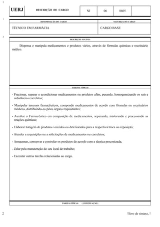 UERJ DESCRIÇÃO DE CARGO NI 06 8605
DENOMINAÇÃO DO CARGO NATUREZA DO CARGO
TÉCNICO EM FARMÁCIA CARGO BASE
DESCRIÇÃO SUCINTA
Dispensa e manipula medicamentos e produtos vários, através de fórmulas químicas e receituário
médico.
TAREFAS TÍPICAS
- Fracionar, separar e acondicionar medicamentos ou produtos afins, pesando, homogeneizando os sais e
substâncias correlatas;
- Manipular insumos farmacêuticos, compondo medicamentos de acordo com fórmulas ou receituários
médicos, distribuindo-os pelos órgãos requisitantes;
- Auxiliar o Farmacêutico em composição de medicamentos, separando, misturando e processando as
reações químicas;
- Elaborar listagem de produtos vencidos ou deteriorados para a respectiva troca ou reposição;
- Atender a requisições ou a solicitações de medicamentos ou correlatos;
- Armazenar, conservar e controlar os produtos de acordo com a técnica preconizada;
- Zelar pela manutenção do seu local de trabalho;
- Executar outras tarefas relacionadas ao cargo.
TAREFAS TÍPICAS ( CONTINUAÇÃO )
!Erro de sintaxe, !
1
1
2
2
 