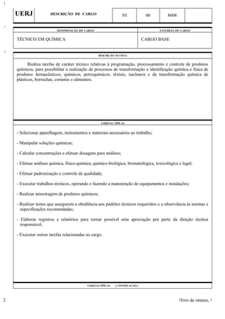 UERJ DESCRIÇÃO DE CARGO NI 06 8608
DENOMINAÇÃO DO CARGO NATUREZA DO CARGO
TÉCNICO EM QUÍMICA CARGO BASE
DESCRIÇÃO SUCINTA
Realiza tarefas de caráter técnico relativas à programação, processamento e controle de produtos
químicos, para possibilitar a realização de processos de transformação e identificação química e física de
produtos farmacêuticos, químicos, petroquímicos, têxteis, nucleares e de transformação química de
plásticos, borrachas, corantes e alimentos.
TAREFAS TÍPICAS
- Selecionar aparelhagem, instrumentos e materiais necessários ao trabalho;
- Manipular soluções químicas;
- Calcular concentrações e efetuar dosagens para análises;
- Efetuar análises química, físico-química, químico-biológica, bromatológica, toxicológica e legal;
- Efetuar padronização e controle de qualidade;
- Executar trabalhos técnicos, operando e fazendo a manutenção de equipamentos e instalações;
- Realizar amostragem de produtos químicos;
- Realizar testes que assegurem a obediência aos padrões técnicos requeridos e a observância às normas e
especificações recomendadas;
- Elaborar registros e relatórios para tornar possível uma apreciação por parte da direção técnica
responsável;
- Executar outras tarefas relacionadas ao cargo.
TAREFAS TÍPICAS ( CONTINUAÇÃO )
!Erro de sintaxe, !
1
1
2
2
 