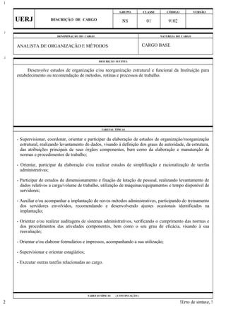 GRUPO CLASSE CÓDIGO VERSÃO
UERJ DESCRIÇÃO DE CARGO NS 01 9102
DENOMINAÇÃO DO CARGO NATUREZA DO CARGO
ANALISTA DE ORGANIZAÇÃO E MÉTODOS CARGO BASE
DESCRIÇÃO SUCINTA
Desenvolve estudos de organização e/ou reorganização estrutural e funcional da Instituição para
estabelecimento ou recomendação de métodos, rotinas e processos de trabalho.
TAREFAS TÍPICAS
- Supervisionar, coordenar, orientar e participar da elaboração de estudos de organização/reorganização
estrutural, realizando levantamento de dados, visando à definição dos graus de autoridade, da estrutura,
das atribuições principais de seus órgãos componentes, bem como da elaboração e manutenção de
normas e procedimentos de trabalho;
- Orientar, participar da elaboração e/ou realizar estudos de simplificação e racionalização de tarefas
administrativas;
- Participar de estudos de dimensionamento e fixação de lotação de pessoal, realizando levantamento de
dados relativos a carga/volume de trabalho, utilização de máquinas/equipamentos e tempo disponível de
servidores;
- Auxiliar e/ou acompanhar a implantação de novos métodos administrativos, participando do treinamento
dos servidores envolvidos, recomendando e desenvolvendo ajustes ocasionais identificados na
implantação;
- Orientar e/ou realizar auditagens de sistemas administrativos, verificando o cumprimento das normas e
dos procedimentos das atividades componentes, bem como o seu grau de eficácia, visando à sua
reavaliação;
- Orientar e/ou elaborar formulários e impressos, acompanhando a sua utilização;
- Supervisionar e orientar estagiários;
- Executar outras tarefas relacionadas ao cargo.
TAREFAS TÍPICAS ( CONTINUAÇÃO )
!Erro de sintaxe, !
1
1
2
2
 