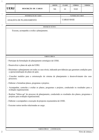GRUPO CLASSE CÓDIGO VERSÃO
UERJ DESCRIÇÃO DE CARGO NS 01 9103
DENOMINAÇÃO DO CARGO NATUREZA DO CARGO
ANALISTA DE PLANEJAMENTO CARGO BASE
DESCRIÇÃO SUCINTA
Executa, acompanha e avalia o planejamento.
TAREFAS TÍPICAS
- Participar da formulação do planejamento estratégico da UERJ;
- Desenvolver o plano de ação da UERJ;
- Dissiminar o planejamento em todos os seus níveis, indicando providências que garantam condições para
a operacionalização do plano de ação;
- Conceber modelos para a estruturação do sistema de planejamento e desenvolvimento dos seus
processos;
- Elaborar e formalizar planos, programas e projetos;
- Acompanhar, controlar e avaliar os planos, programas e projetos, conduzindo os resultados para a
avaliação organizacional;
- Realizar "follow-up" do processo de planejamento, conduzindo os resultados dos planos, programas e
projetos para avaliação organizacional;
- Elaborar e acompanhar a execução da proposta orçamentária da UERJ;
- Executar outras tarefas relacionadas ao cargo.
TAREFAS TÍPICAS ( CONTINUAÇÃO )
!Erro de sintaxe, !
1
1
2
2
 