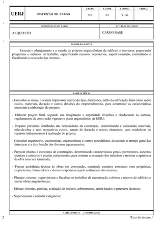 GRUPO CLASSE CÓDIGO VERSÃO
UERJ DESCRIÇÃO DE CARGO NS 01 9106
DENOMINAÇÃO DO CARGO NATUREZA DO CARGO
ARQUITETO CARGO BASE
DESCRIÇÃO SUCINTA
Executa o planejamento e o estudo de projetos arquitetônicos de edifícios e interiores, preparando
programas e métodos de trabalho, especificando recursos necessários, supervisionando, controlando e
fiscalizando a execução dos mesmos.
TAREFAS TÍPICAS
- Consultar as áreas, trocando impressões acerca do tipo, dimensões, estilo da edificação, bem como sobre
custos, materiais, duração e outros detalhes do empreendimento, para determinar as características
essenciais à elaboração do projeto;
- Elaborar projeto final, segundo sua imaginação e capacidade inventiva e obedecendo às normas,
regulamentos de construção vigentes e plano arquitetônico da UERJ;
- Preparar previsões detalhadas das necessidades da construção, determinando e calculando materiais,
mão-de-obra e seus respectivos custos, tempo de duração e outros elementos, para estabelecer os
recursos indispensáveis à realização do projeto;
- Consultar engenheiros, economistas, orçamentistas e outros especialistas, discutindo o arranjo geral das
estruturas e a distribuição dos diversos equipamentos;
- Preparar plantas e estruturas de construções, determinando características gerais, pormenores, aspectos
técnicos e estéticos e escalas convenientes, para orientar a execução dos trabalhos e mostrar a aparência
da obra uma vez terminada;
- Prestar assistência técnica às obras em construção, mantendo contatos contínuos com projetistas,
empreiteiros, fornecedores e demais responsáveis pelo andamento das mesmas;
- Planejar, orientar, supervisionar e fiscalizar os trabalhos de manutenção, reforma e reparos de edifícios e
outras obras arquitetônicas;
- Efetuar vistorias, perícias, avaliação de imóveis, arbitramento, emitir laudos e pareceres técnicos;
- Supervisionar e orientar estagiários;
TAREFAS TÍPICAS ( CONTINUAÇÃO )
!Erro de sintaxe, !
1
1
2
2
 