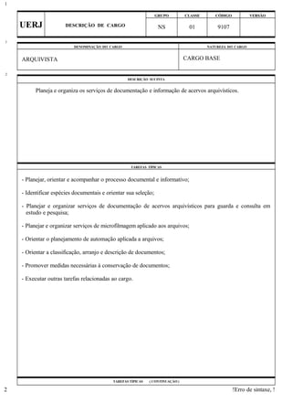 GRUPO CLASSE CÓDIGO VERSÃO
UERJ DESCRIÇÃO DE CARGO NS 01 9107
DENOMINAÇÃO DO CARGO NATUREZA DO CARGO
ARQUIVISTA CARGO BASE
DESCRIÇÃO SUCINTA
Planeja e organiza os serviços de documentação e informação de acervos arquivísticos.
TAREFAS TÍPICAS
- Planejar, orientar e acompanhar o processo documental e informativo;
- Identificar espécies documentais e orientar sua seleção;
- Planejar e organizar serviços de documentação de acervos arquivísticos para guarda e consulta em
estudo e pesquisa;
- Planejar e organizar serviços de microfilmagem aplicado aos arquivos;
- Orientar o planejamento de automação aplicada a arquivos;
- Orientar a classificação, arranjo e descrição de documentos;
- Promover medidas necessárias à conservação de documentos;
- Executar outras tarefas relacionadas ao cargo.
TAREFAS TÍPICAS ( CONTINUAÇÃO )
!Erro de sintaxe, !
1
1
2
2
 
