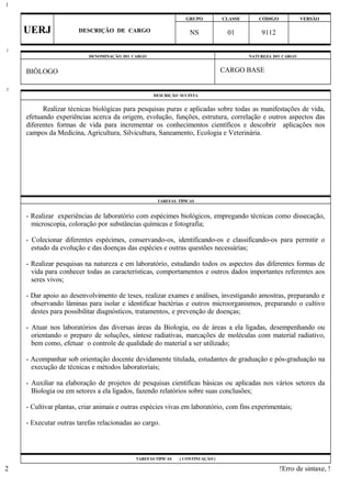 GRUPO CLASSE CÓDIGO VERSÃO
UERJ DESCRIÇÃO DE CARGO NS 01 9112
DENOMINAÇÃO DO CARGO NATUREZA DO CARGO
BIÓLOGO CARGO BASE
DESCRIÇÃO SUCINTA
Realizar técnicas biológicas para pesquisas puras e aplicadas sobre todas as manifestações de vida,
efetuando experiências acerca da origem, evolução, funções, estrutura, correlação e outros aspectos das
diferentes formas de vida para incrementar os conhecimentos científicos e descobrir aplicações nos
campos da Medicina, Agricultura, Silvicultura, Saneamento, Ecologia e Veterinária.
TAREFAS TÍPICAS
- Realizar experiências de laboratório com espécimes biológicos, empregando técnicas como dissecação,
microscopia, coloração por substâncias químicas e fotografia;
- Colecionar diferentes espécimes, conservando-os, identificando-os e classificando-os para permitir o
estudo da evolução e das doenças das espécies e outras questões necessárias;
- Realizar pesquisas na natureza e em laboratório, estudando todos os aspectos das diferentes formas de
vida para conhecer todas as características, comportamentos e outros dados importantes referentes aos
seres vivos;
- Dar apoio ao desenvolvimento de teses, realizar exames e análises, investigando amostras, preparando e
observando lâminas para isolar e identificar bactérias e outros microorganismos, preparando o cultivo
destes para possibilitar diagnósticos, tratamentos, e prevenção de doenças;
- Atuar nos laboratórios das diversas áreas da Biologia, ou de áreas a ela ligadas, desempenhando ou
orientando o preparo de soluções, síntese radiativas, marcações de moléculas com material radiativo,
bem como, efetuar o controle de qualidade do material a ser utilizado;
- Acompanhar sob orientação docente devidamente titulada, estudantes de graduação e pós-graduação na
execução de técnicas e métodos laboratoriais;
- Auxiliar na elaboração de projetos de pesquisas científicas básicas ou aplicadas nos vários setores da
Biologia ou em setores a ela ligados, fazendo relatórios sobre suas conclusões;
- Cultivar plantas, criar animais e outras espécies vivas em laboratório, com fins experimentais;
- Executar outras tarefas relacionadas ao cargo.
TAREFAS TÍPICAS ( CONTINUAÇÃO )
!Erro de sintaxe, !
1
1
2
2
 