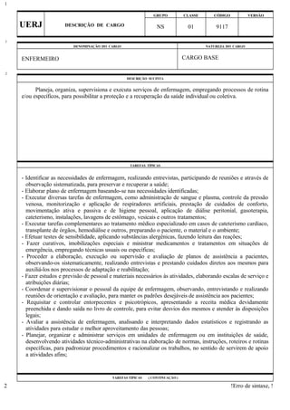 GRUPO CLASSE CÓDIGO VERSÃO
UERJ DESCRIÇÃO DE CARGO NS 01 9117
DENOMINAÇÃO DO CARGO NATUREZA DO CARGO
ENFERMEIRO CARGO BASE
DESCRIÇÃO SUCINTA
Planeja, organiza, supervisiona e executa serviços de enfermagem, empregando processos de rotina
e/ou específicos, para possibilitar a proteção e a recuperação da saúde individual ou coletiva.
TAREFAS TÍPICAS
- Identificar as necessidades de enfermagem, realizando entrevistas, participando de reuniões e através de
observação sistematizada, para preservar e recuperar a saúde;
- Elaborar plano de enfermagem baseando-se nas necessidades identificadas;
- Executar diversas tarefas de enfermagem, como administração de sangue e plasma, controle da pressão
venosa, monitorização e aplicação de respiradores artificiais, prestação de cuidados de conforto,
movimentação ativa e passiva e de higiene pessoal, aplicação de diálise peritonial, gasoterapia,
cateterismo, instalações, lavagens de estômago, vesicais e outros tratamentos;
- Executar tarefas complementares ao tratamento médico especializado em casos de cateterismo cardíaco,
transplante de órgãos, hemodiálise e outros, preparando o paciente, o material e o ambiente;
- Efetuar testes de sensibilidade, aplicando substâncias alergênicas, fazendo leitura das reações;
- Fazer curativos, imobilizações especiais e ministrar medicamentos e tratamentos em situações de
emergência, empregando técnicas usuais ou específicas;
- Proceder a elaboração, execução ou supervisão e avaliação de planos de assistência a pacientes,
observando-os sistematicamente, realizando entrevistas e prestando cuidados diretos aos mesmos para
auxiliá-los nos processos de adaptação e reabilitação;
- Fazer estudos e previsão de pessoal e materiais necessários às atividades, elaborando escalas de serviço e
atribuições diárias;
- Coordenar e supervisionar o pessoal da equipe de enfermagem, observando, entrevistando e realizando
reuniões de orientação e avaliação, para manter os padrões desejáveis de assistência aos pacientes;
- Requisitar e controlar entorpecentes e psicotrópicos, apresentando a receita médica devidamente
preenchida e dando saída no livro de controle, para evitar desvios dos mesmos e atender às disposições
legais;
- Avaliar a assistência de enfermagem, analisando e interpretando dados estatísticos e registrando as
atividades para estudar o melhor aproveitamento das pessoas;
- Planejar, organizar e administrar serviços em unidades de enfermagem ou em instituições de saúde,
desenvolvendo atividades técnico-administrativas na elaboração de normas, instruções, roteiros e rotinas
específicas, para padronizar procedimentos e racionalizar os trabalhos, no sentido de servirem de apoio
a atividades afins;
TAREFAS TÍPICAS ( CONTINUAÇÃO )
!Erro de sintaxe, !
1
1
2
2
 