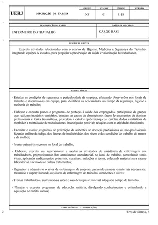 GRUPO CLASSE CÓDIGO VERSÃO
UERJ DESCRIÇÃO DE CARGO NS 01 9118
DENOMINAÇÃO DO CARGO NATUREZA DO CARGO
ENFERMEIRO DO TRABALHO CARGO BASE
DESCRIÇÃO SUCINTA
Executa atividades relacionadas com o serviço de Higiene, Medicina e Segurança do Trabalho,
integrando equipes de estudos, para propiciar a preservação da saúde e valorização do trabalhador.
TAREFAS TÍPICAS
- Estudar as condições de segurança e periculosidade da empresa, efetuando observações nos locais de
trabalho e discutindo-as em equipe, para identificar as necessidades no campo da segurança, higiene e
melhoria do trabalho;
- Elaborar e executar planos e programas de proteção à saúde dos empregados, participando de grupos
que realizam inquéritos sanitários, estudam as causas de absenteísmo, fazem levantamentos de doenças
profissionais e lesões traumáticas, procedem a estudos epidemiológicos, coletam dados estatísticos de
morbidez e mortalidade de trabalhadores, investigando possíveis relações com as atividades funcionais;
- Executar e avaliar programas de prevenção de acidentes de doenças profissionais ou não-profissionais
fazendo análise da fadiga, dos fatores de insalubridade, dos riscos e das condições de trabalho do menor
e da mulher;
- Prestar primeiros socorros no local de trabalho;
- Elaborar, executar ou supervisionar e avaliar as atividades de assistência de enfermagem aos
trabalhadores, proporcionando-lhes atendimento ambulatorial, no local de trabalho, controlando sinais
vitais, aplicando medicamentos prescritos, curativos, inalações e testes, coletando material para exame
laboratorial, vacinações e outros tratamentos;
- Organizar e administrar o setor de enfermagem da empresa, prevendo pessoas e materiais necessários,
treinando e supervisionando auxiliares de enfermagem do trabalho, atendentes e outros;
- Treinar trabalhadores, instruindo-os sobre o uso de roupas e material adequado ao tipo de trabalho;
- Planejar e executar programas de educação sanitária, divulgando conhecimentos e estimulando a
aquisição de hábitos sadios;
TAREFAS TÍPICAS ( CONTINUAÇÃO )
!Erro de sintaxe, !
1
1
2
2
 