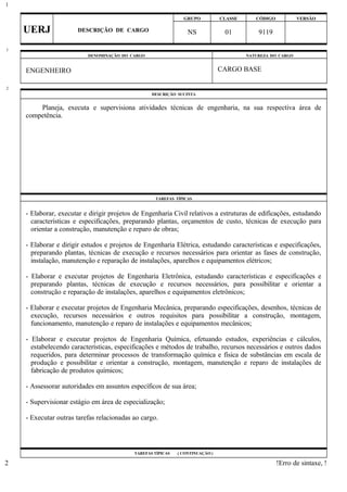 GRUPO CLASSE CÓDIGO VERSÃO
UERJ DESCRIÇÃO DE CARGO NS 01 9119
DENOMINAÇÃO DO CARGO NATUREZA DO CARGO
ENGENHEIRO CARGO BASE
DESCRIÇÃO SUCINTA
Planeja, executa e supervisiona atividades técnicas de engenharia, na sua respectiva área de
competência.
TAREFAS TÍPICAS
- Elaborar, executar e dirigir projetos de Engenharia Civil relativos a estruturas de edificações, estudando
características e especificações, preparando plantas, orçamentos de custo, técnicas de execução para
orientar a construção, manutenção e reparo de obras;
- Elaborar e dirigir estudos e projetos de Engenharia Elétrica, estudando características e especificações,
preparando plantas, técnicas de execução e recursos necessários para orientar as fases de construção,
instalação, manutenção e reparação de instalações, aparelhos e equipamentos elétricos;
- Elaborar e executar projetos de Engenharia Eletrônica, estudando características e especificações e
preparando plantas, técnicas de execução e recursos necessários, para possibilitar e orientar a
construção e reparação de instalações, aparelhos e equipamentos eletrônicos;
- Elaborar e executar projetos de Engenharia Mecânica, preparando especificações, desenhos, técnicas de
execução, recursos necessários e outros requisitos para possibilitar a construção, montagem,
funcionamento, manutenção e reparo de instalações e equipamentos mecânicos;
- Elaborar e executar projetos de Engenharia Química, efetuando estudos, experiências e cálculos,
estabelecendo características, especificações e métodos de trabalho, recursos necessários e outros dados
requeridos, para determinar processos de transformação química e física de substâncias em escala de
produção e possibilitar e orientar a construção, montagem, manutenção e reparo de instalações de
fabricação de produtos químicos;
- Assessorar autoridades em assuntos específicos de sua área;
- Supervisionar estágio em área de especialização;
- Executar outras tarefas relacionadas ao cargo.
TAREFAS TÍPICAS ( CONTINUAÇÃO )
!Erro de sintaxe, !
1
1
2
2
 