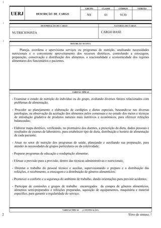 GRUPO CLASSE CÓDIGO VERSÃO
UERJ DESCRIÇÃO DE CARGO NS 01 9130
DENOMINAÇÃO DO CARGO NATUREZA DO CARGO
NUTRICIONISTA CARGO BASE
DESCRIÇÃO SUCINTA
Planeja, coordena e upervisiona serviços ou programas de nutrição, analisando necessidades
nutricionais e o conveniente aproveitamento dos recursos dietéticos, controlando a estocagem,
preparação, conservação e distribuição dos alimentos, a reacionalidade e economicidade dos regimes
alimentares dos funcionários e pacientes.
TAREFAS TÍPICAS
- Examinar o estado de nutrição do indivíduo ou do grupo, avaliando diversos fatores relacionados com
problemas de alimentação;
- Proceder ao planejamento e elaboração de cardápios e dietas especiais, baseando-se nas diversas
patologias, na observação da aceitação dos alimentos pelos comensais e no estudo dos meios e técnicas
de introdução gradativa de produtos naturais mais nutritivos e econômicos, para oferecer refeições
balanceadas;
- Elaborar mapa dietético, verificando, no prontuário dos doentes, a prescrição da dieta, dados pessoais e
resultados de exames de laboratório, para estabelecer tipo de dieta, distribuição e horário de alimentação
de cada paciente;
- Atuar no setor de nutrição dos programas de saúde, planejando e auxiliando sua preparação, para
atender às necessidades de grupos particulares ou da coletividade;
- Preparar programas de educação e readaptação alimentar;
- Efetuar a previsão para a provisão, dentro das técnicas administrativas e nutricionais;
- Orientar o trabalho do pessoal técnico e auxiliar, supervisionando o preparo e a distribuição das
refeições, o recebimento, a estocagem e a distribuição de gêneros alimentícios;
- Promover o conforto e a segurança do ambiente de trabalho, dando orientações para previnir acidentes;
- Participar de comissões e grupos de trabalho encarregados da compra de gêneros alimentícios,
alimentos semi-preparados e refeições preparadas, aquisição de equipamentos, maquinária e material
específico, para garantir a regularidade do serviço;
TAREFAS TÍPICAS ( CONTINUAÇÃO )
!Erro de sintaxe, !
1
1
2
2
 