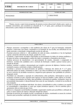 GRUPO CLASSE CÓDIGO VERSÃO
UERJ DESCRIÇÃO DE CARGO NS 01 9131
DENOMINAÇÃO DO CARGO NATUREZA DO CARGO
PEDAGOGO CARGO BASE
DESCRIÇÃO SUCINTA
Planeja, executa e supervisiona programas de projetos na área educacional voltados para o apoio ao
estudante universitário, para assistência ao educando de 1º e 2º graus, para a produçao de tecnologias
educacionais, e para crianças em internação hospitalar.
TAREFAS TÍPICAS
- Planejar, assessorar e acompanhar a vida acadêmica dos alunos de 3º grau da Instituição, realizando
palestras e entrevistas com alunos, orientando-os na formação de sua escolha, nas deficiências de sua
grade curricular e controlando a integralização escolar de cada um;
- Examinar processos relativos à vida acadêmica de cada um aluno, estudando-os à luz da legislação
vigente e propondo alternativas de solução, quando for o caso;
- Coordenar e supervisionar atividades relacionadas ao processamento de dados do sistema acadêmico e
do plano de turmas, acompanhando a análise dos dados e corrigindo os formulários devolvidos;
- Analisar processos de transferência e de aproveitamento de estudos, checando e comparando os
históricos escolares dos candidatos com o currículo da Instituição e dando o parecer técnico para a
tomada de decisão;
- Analisar, examinar e conferir a documentação que compõe o processo de diploma e histórico escolar,
estudando as peças, conferindo os dados e dando parecer;
- Coordenar o processo de desenvolvimento de aptidões e interesses dos alunos de 1º e 2º graus,
elaborando planos de estudo, orientando-os sobre o uso eficaz da biblioteca da escola e estimulando-os
ao novo exercício de atividades recreativas e desportivas para aprimorar suas qualidades de reflexão e
integração social;
- Possibilitar aos educandos a aquisição de conhecimentos sobre profissões, informando-os acerca de
ocupações existentes no país, requisitos para ingresso na força de trabalho e sobre salários ou levando-
os a conhecer pessoalmente este dados, para possibilitar a descoberta de aptidões, inclinações, traços de
personalidade relacionados à vida profissional, bem como de suas limitações, e orientá-los na escolha de
uma ocupação;
- Auxiliar na solução de problemas individuais dos alunos, aconselhando-os sobre a conduta a ser seguida
ou encaminhando a especialistas os casos que exijam assistência especial, a fim de contribuir para o
ajustamento deles ao meio em que vivem;
- Promover a integração escola/família/comunidade, organizando reuniões para possibilitar a utilização de
todos os meios capazes de realizar a educação integral dos alunos;
- Participar do processo de avaliação escolar e recuperação de alunos, examinando as causas de eventuais
fracassos para aconselhar a aplicação de métodos mais adequados;
TAREFAS TÍPICAS ( CONTINUAÇÃO )
!Erro de sintaxe, !
1
1
2
2
 