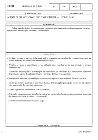 UERJ DESCRIÇÃO DE CARGO NI 04 8403
DENOMINAÇÃO DO CARGO NATUREZA DO CARGO
AGENTE DE SERVIÇOS COMPLEMENTARES / FISIATRIA CARGO BASE
DESCRIÇÃO SUCINTA
Aplica métodos físicos de massagem no tratamento das necessidades fisioterápicas dos pacientes:
eletroterapia, hidroterapia, fototerapia e termoterapia.
TAREFAS TÍPICAS
- Receber e preparar o paciente, informando a ele o processamento da aplicação, colocando-o na posição
técnica prevista e auxiliando-o nas mudanças necessárias;
- Verificar e testar a aparelhagem a ser utilizada para cientificar-se de sua precisão e correto
funcionamento;
- Manipular a aparelhagem de eletroterapia, de hidroterapia, de fototerapia e de termoterapia, conforme
determinação técnica de cada aparelhagem e no tempo definido pela prescrição;
- Massagear os pacientes, utilizando processos adequados para corrigir anomalias físicas ou estéticas;
- Ensinar ao paciente a prática de exercícios, fazendo demonstrações para ajudar a correção de defeitos
e/ou recuperação das partes em tratamento;
- Fazer o registro dos atendimentos e das ocorrências;
- Zelar pelos equipamentos de trabalho, fazendo a sua manutenção, bem como providenciando a assepsia
dos memos para evitar acidentes e contaminação;
- Executar outras tarefas relacionadas ao cargo.
TAREFAS TÍPICAS ( CONTINUAÇÃO )
!Erro de sintaxe, !
1
1
2
2
 