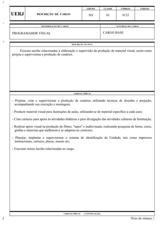 GRUPO CLASSE CÓDIGO VERSÃO
UERJ DESCRIÇÃO DE CARGO NS 01 9133
DENOMINAÇÃO DO CARGO NATUREZA DO CARGO
PROGRAMADOR VISUAL CARGO BASE
DESCRIÇÃO SUCINTA
Executa tarefas relacionadas à elaboração e supervisão da produção de material visual, assim como
projeta e supervisiona a produção de cenários.
TAREFAS TÍPICAS
- Projetar, criar e supervisionar a produção de cenários utilizando técnicas de desenho e projeção,
acompanhando sua execução e montagem;
- Produzir material visual para ilustrações de aulas, utilizando-se de material específico a cada caso;
- Criar cartazes para apoio às atividades didáticas e para divulgação das atividades culturais da Instituição;
- Realizar apoio visual na produção de filmes, "tapes" e audiovisuais, realizando pesquisas de letras, cores,
grafias e materiais que melhorem e se adaptem ao contexto;
- Planejar, implantar e supervisionar o sistema de identificação da Unidade, tais como impressos
institucionais, cartazes, placas, murais etc;
- Executar outras tarefas relacionadas ao cargo.
TAREFAS TÍPICAS ( CONTINUAÇÃO )
!Erro de sintaxe, !
1
1
2
2
 