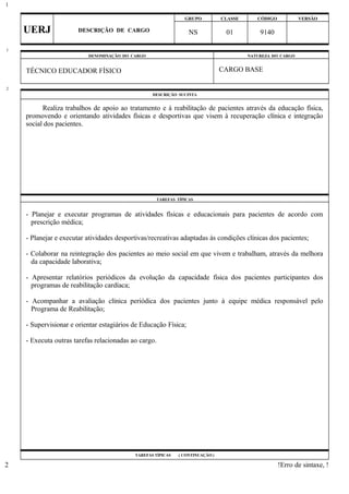 GRUPO CLASSE CÓDIGO VERSÃO
UERJ DESCRIÇÃO DE CARGO NS 01 9140
DENOMINAÇÃO DO CARGO NATUREZA DO CARGO
TÉCNICO EDUCADOR FÍSICO CARGO BASE
DESCRIÇÃO SUCINTA
Realiza trabalhos de apoio ao tratamento e à reabilitação de pacientes através da educação física,
promovendo e orientando atividades físicas e desportivas que visem à recuperação clínica e integração
social dos pacientes.
TAREFAS TÍPICAS
- Planejar e executar programas de atividades físicas e educacionais para pacientes de acordo com
prescrição médica;
- Planejar e executar atividades desportivas/recreativas adaptadas às condições clínicas dos pacientes;
- Colaborar na reintegração dos pacientes ao meio social em que vivem e trabalham, através da melhora
da capacidade laborativa;
- Apresentar relatórios periódicos da evolução da capacidade física dos pacientes participantes dos
programas de reabilitação cardíaca;
- Acompanhar a avaliação clínica periódica dos pacientes junto à equipe médica responsável pelo
Programa de Reabilitação;
- Supervisionar e orientar estagiários de Educação Física;
- Executa outras tarefas relacionadas ao cargo.
TAREFAS TÍPICAS ( CONTINUAÇÃO )
!Erro de sintaxe, !
1
1
2
2
 