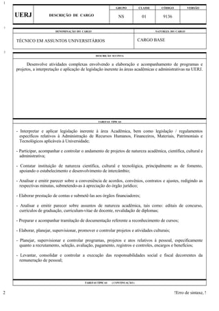 GRUPO CLASSE CÓDIGO VERSÃO
UERJ DESCRIÇÃO DE CARGO NS 01 9136
DENOMINAÇÃO DO CARGO NATUREZA DO CARGO
TÉCNICO EM ASSUNTOS UNIVERSITÁRIOS CARGO BASE
DESCRIÇÃO SUCINTA
Desenvolve atividades complexas envolvendo a elaboração e acompanhamento de programas e
projetos, a interpretação e aplicação de legislação inerente às áreas acadêmicas e administrativas na UERJ.
TAREFAS TÍPICAS
- Interpretar e aplicar legislação inerente à área Acadêmica, bem como legislação / regulamentos
específicos relativos à Administração de Recursos Humanos, Financeiros, Materiais, Patrimoniais e
Tecnológicos aplicáveis à Universidade;
- Participar, acompanhar e controlar o andamento de projetos de natureza acadêmica, científica, cultural e
administrativa;
- Contatar instituição de natureza científica, cultural e tecnológica, principalmente as de fomento,
apoiando o estabelecimento e desenvolvimento de intercâmbio;
- Analisar e emitir parecer sobre a conveniência de acordos, convênios, contratos e ajustes, redigindo as
respectivas minutas, submetendo-as à apreciação do órgão jurídico;
- Elaborar prestação de contas e submetê-las aos órgãos financiadores;
- Analisar e emitir parecer sobre assuntos de natureza acadêmica, tais como: editais de concurso,
currículos de graduação, curriculum-vitae de docente, revalidação de diplomas;
- Preparar e acompanhar tramitação de documentação referente a reconhecimento de cursos;
- Elaborar, planejar, supervisionar, promover e controlar projetos e atividades culturais;
- Planejar, supervisionar e controlar programas, projetos e atos relativos à pessoal, especificamente
quanto a recrutamento, seleção, avaliação, pagamento, registros e controles, encargos e benefícios;
- Levantar, consolidar e controlar a execução das responsabilidades social e fiscal decorrentes da
remuneração de pessoal;
TAREFAS TÍPICAS ( CONTINUAÇÃO )
!Erro de sintaxe, !
1
1
2
2
 