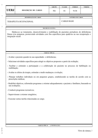 GRUPO CLASSE CÓDIGO VERSÃO
UERJ DESCRIÇÃO DE CARGO NS 01 9138
DENOMINAÇÃO DO CARGO NATUREZA DO CARGO
TERAPEUTA OCUPACIONAL CARGO BASE
DESCRIÇÃO SUCINTA
Dedica-se ao tratamento, desenvolvimento e reabilitação de pacientes portadores de deficiências
físicas e/ou psíquicas, promovendo atividades com fins específicos para ajudá-los na sua recuperação e
integração social.
TAREFAS TÍPICAS
- Avaliar o paciente quando às sua capacidades e deficiências;
- Selecionar atividades específicas para atingir os objetivos propostos a partir da avaliação;
- Facilitar e estimular a participação e a colaboração do paciente no processo de habilitação ou
reabilitação;
- Avaliar os efeitos da terapia, estimular e medir mudanças e evolução;
- Planejar trabalhos individuais ou em pequenos grupos, estabelecendo as tarefas de acordo com as
prescrições médicas;
- Redefinir objetivos, reformular programas e orientar adequadamente o paciente e familiares, baseando-se
nas avaliações;
- Conduzir programas recreativos;
- Supervisionar e orientar estagiários;
- Executar outras tarefas relacionadas ao cargo.
TAREFAS TÍPICAS ( CONTINUAÇÃO )
!Erro de sintaxe, !
1
1
2
2
3
4
 