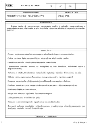 UERJ DESCRIÇÃO DE CARGO NI 07 8701
DENOMINAÇÃO DO CARGO NATUREZA DO CARGO
ASSISTENTE TÉCNICO - ADMINISTRATIVO CARGO BASE
DESCRIÇÃO SUCINTA
Executa tarefas de assessoramento, planejamento simples, organização, operacionalizando a
supervisão de projetos relacionados ao setor de trabalho e de rotinas administrativas nos diversos escalões
da UERJ.
TAREFAS TÍPICAS
- Propor e implantar normas e instrumentos para racionalização do processo administrativo;
- Coletar e registrar dados, que possibilitem a preparação de relatórios e/ou estudos;
- Despachar e controlar a tramitação de documentos e expedientes;
- Supervisionar auxiliares imediato no desempenho de suas atribuições, distribuindo tarefas e
responsabilidades;
- Participar de estudos, levantamentos, planejamento, implantação e controle de serviços na sua área;
- Elaborar planos, organogramas, fluxogramas, cronogramas, quadros e gráficos em geral;
- Organizar mapas, tabelas e boletins estatísticos, elaborando os respectivos relatórios;
- Analisar e instruir processos, com exposição de motivos, pareceres e informações necessárias;
- Auxiliar na elaboração de orçamentos;
- Redigir atas, relatórios, expedientes e documentos em geral;
- Datilografar textos e documentos em geral;
- Planejar e operacionalizar projetos específicos de sua área de atuação;
- Proceder à análise de atos oficiais, verificando normas e procedimentos e aplicando regulamentos para
estabelecer resultados compatíveis e uniformes;
TAREFAS TÍPICAS ( CONTINUAÇÃO )
!Erro de sintaxe, !
1
1
2
2
 