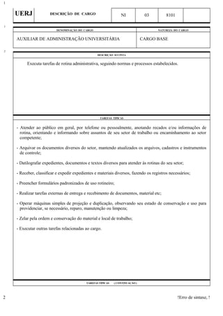 UERJ DESCRIÇÃO DE CARGO NI 03 8101
DENOMINAÇÃO DO CARGO NATUREZA DO CARGO
AUXILIAR DE ADMINISTRAÇÃO UNIVERSITÁRIA CARGO BASE
DESCRIÇÃO SUCINTA
Executa tarefas de rotina administrativa, seguindo normas e processos estabelecidos.
TAREFAS TÍPICAS
- Atender ao público em geral, por telefone ou pessoalmente, anotando recados e/ou informações de
rotina, orientando e informando sobre assuntos de seu setor de trabalho ou encaminhamento ao setor
competente;
- Arquivar os documentos diversos do setor, mantendo atualizados os arquivos, cadastros e instrumentos
de controle;
- Datilografar expedientes, documentos e textos diversos para atender às rotinas do seu setor;
- Receber, classificar e expedir expedientes e materiais diversos, fazendo os registros necessários;
- Preencher formulários padronizados de uso rotineiro;
- Realizar tarefas externas de entrega e recebimento de documentos, material etc;
- Operar máquinas simples de projeção e duplicação, observando seu estado de conservação e uso para
providenciar, se necessário, reparo, manutenção ou limpeza;
- Zelar pela ordem e conservação do material e local de trabalho;
- Executar outras tarefas relacionadas ao cargo.
TAREFAS TÍPICAS ( CONTINUAÇÃO )
!Erro de sintaxe, !
1
1
2
2
 