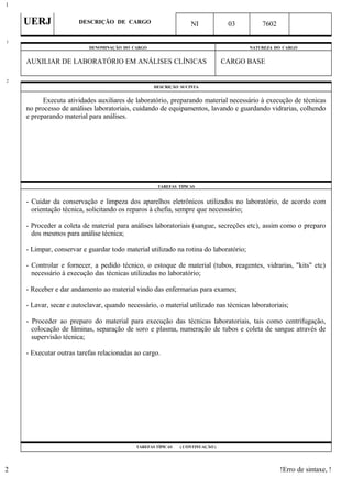 UERJ DESCRIÇÃO DE CARGO NI 03 7602
DENOMINAÇÃO DO CARGO NATUREZA DO CARGO
AUXILIAR DE LABORATÓRIO EM ANÁLISES CLÍNICAS CARGO BASE
DESCRIÇÃO SUCINTA
Executa atividades auxiliares de laboratório, preparando material necessário à execução de técnicas
no processo de análises laboratoriais, cuidando de equipamentos, lavando e guardando vidrarias, colhendo
e preparando material para análises.
TAREFAS TÍPICAS
- Cuidar da conservação e limpeza dos aparelhos eletrônicos utilizados no laboratório, de acordo com
orientação técnica, solicitando os reparos à chefia, sempre que necesssário;
- Proceder a coleta de material para análises laboratoriais (sangue, secreções etc), assim como o preparo
dos mesmos para análise técnica;
- Limpar, conservar e guardar todo material utilizado na rotina do laboratório;
- Controlar e fornecer, a pedido técnico, o estoque de material (tubos, reagentes, vidrarias, "kits" etc)
necessário à execução das técnicas utilizadas no laboratório;
- Receber e dar andamento ao material vindo das enfermarias para exames;
- Lavar, secar e autoclavar, quando necessário, o material utilizado nas técnicas laboratoriais;
- Proceder ao preparo do material para execução das técnicas laboratoriais, tais como centrifugação,
colocação de lâminas, separação de soro e plasma, numeração de tubos e coleta de sangue através de
supervisão técnica;
- Executar outras tarefas relacionadas ao cargo.
TAREFAS TÍPICAS ( CONTINUAÇÃO )
!Erro de sintaxe, !
1
1
2
2
 
